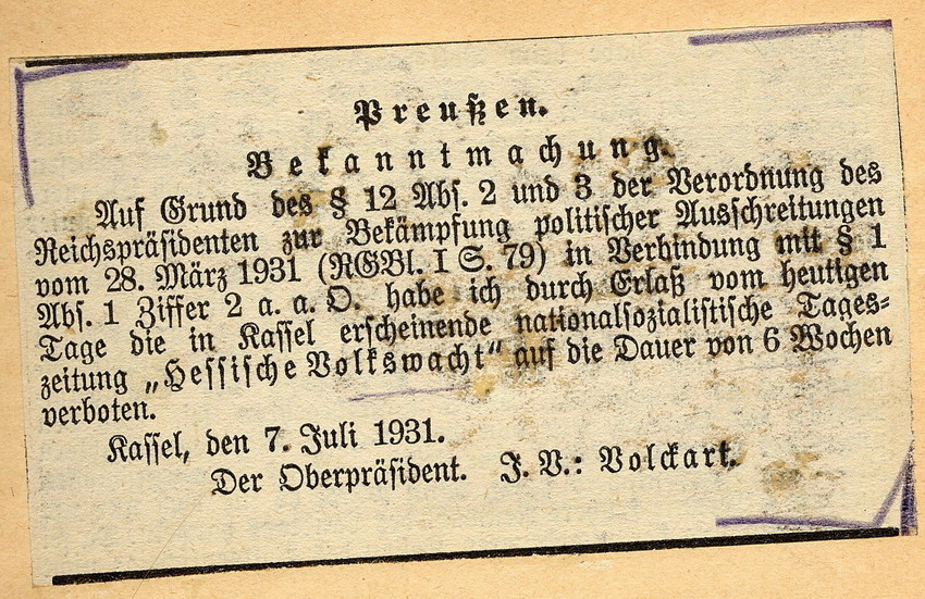 Bild zum Dokument Offizielles Veröffentlichungsverbot der nationalsozialistische