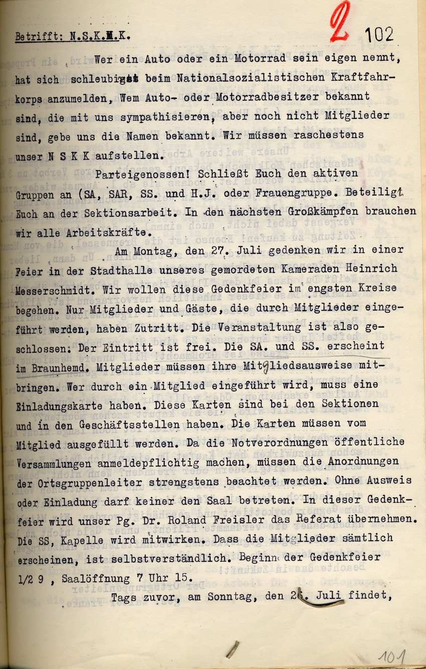 Bild zum Dokument Rundschreiben: Reaktion der hiesigen NSDAP auf die Reduzierung