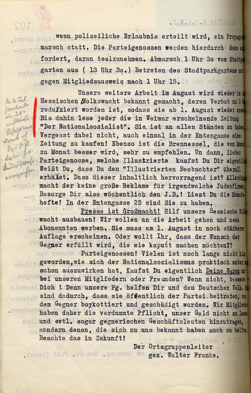 Bild zum Dokument Rundschreiben: Reaktion der hiesigen NSDAP auf die Reduzierung