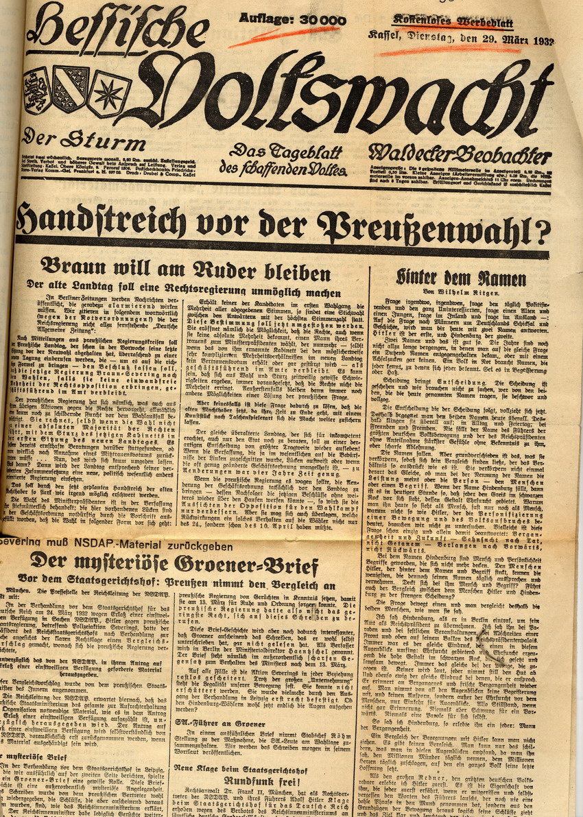 "Hessische Volkswacht" Bild zum Dokument Reaktionen der "Hessischen Volkswacht" und des "Völkischen Beo