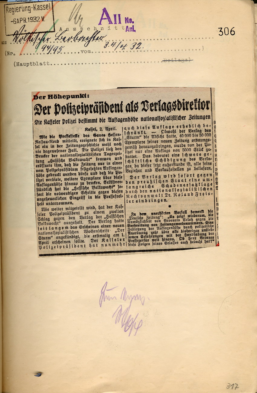 "Völkischer Beobachter" Bild zum Dokument Reaktionen der "Hessischen Volkswacht" und des "Völkischen Beo