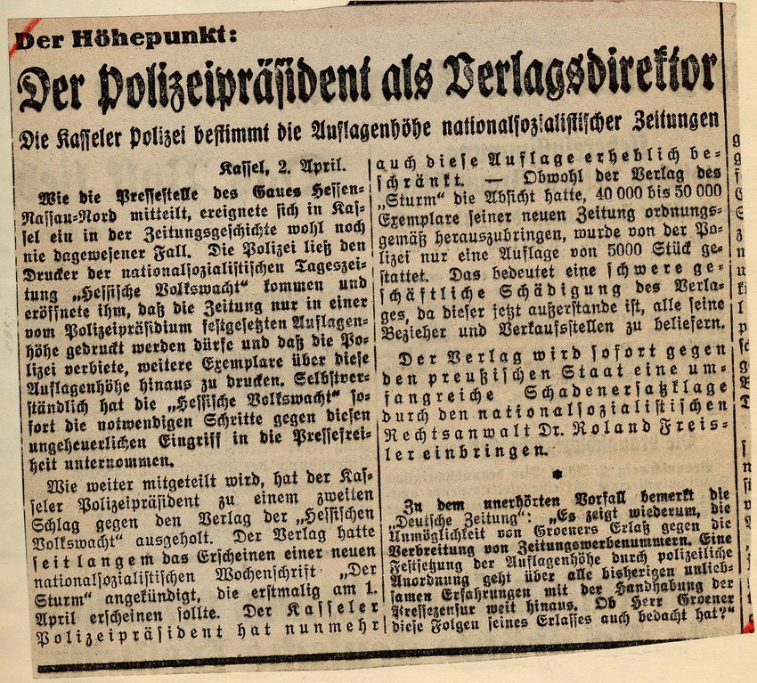 Bild zum Dokument Reaktionen der "Hessischen Volkswacht" und des "Völkischen Beo