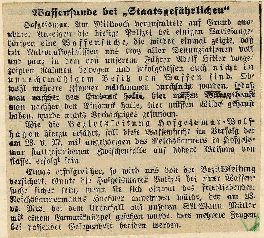 Bild zum Dokument Artikel aus der nationalsozialistischen Zeitung "Hessische Vol