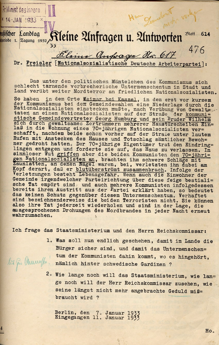 Anfrage 7. Januar Bild zum Dokument Freisler als Abgeordneter im Preußischen Landtag: Urantrag und