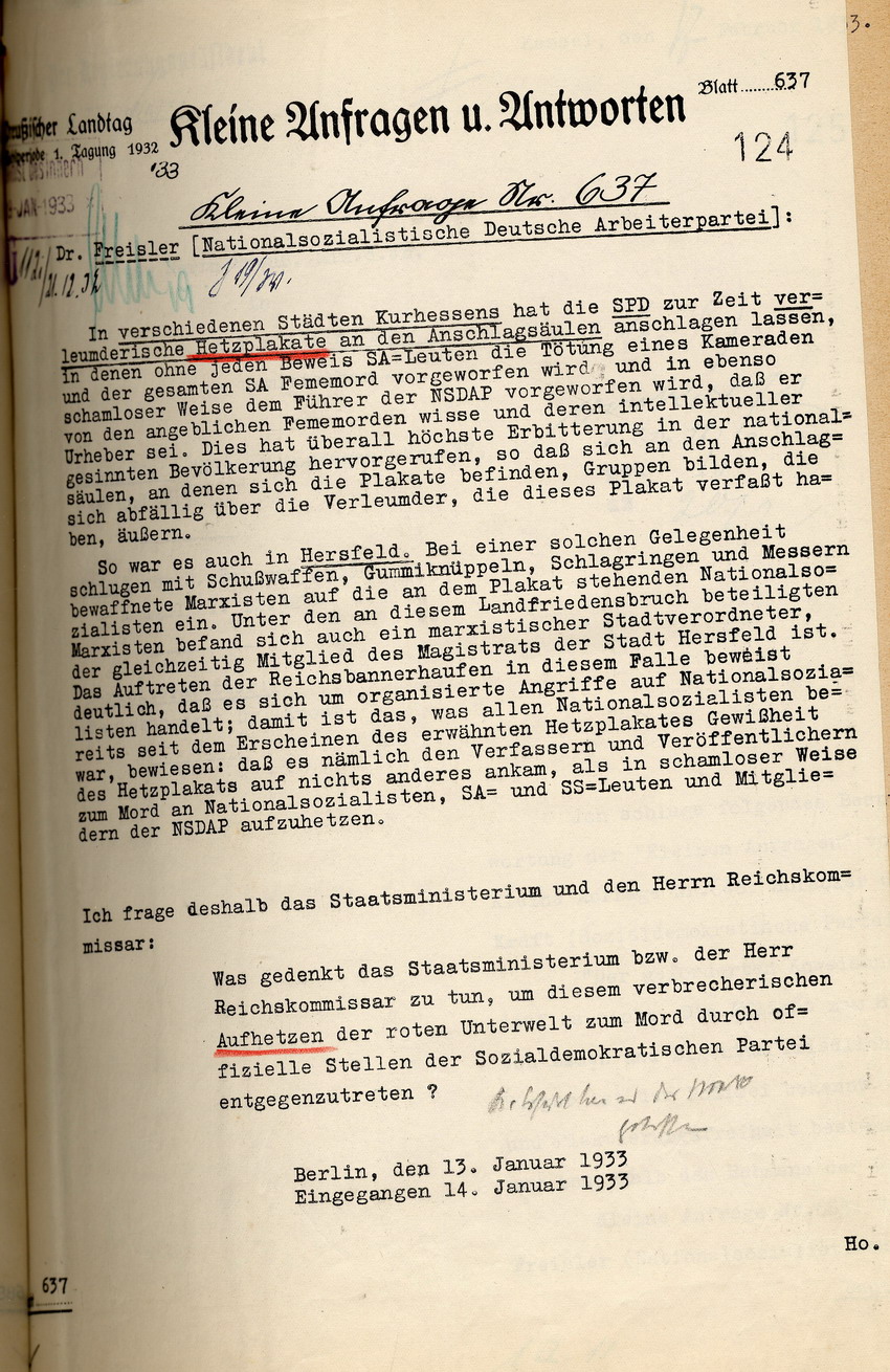 Anfrage 13. Januar Bild zum Dokument Freisler als Abgeordneter im Preußischen Landtag: Urantrag und
