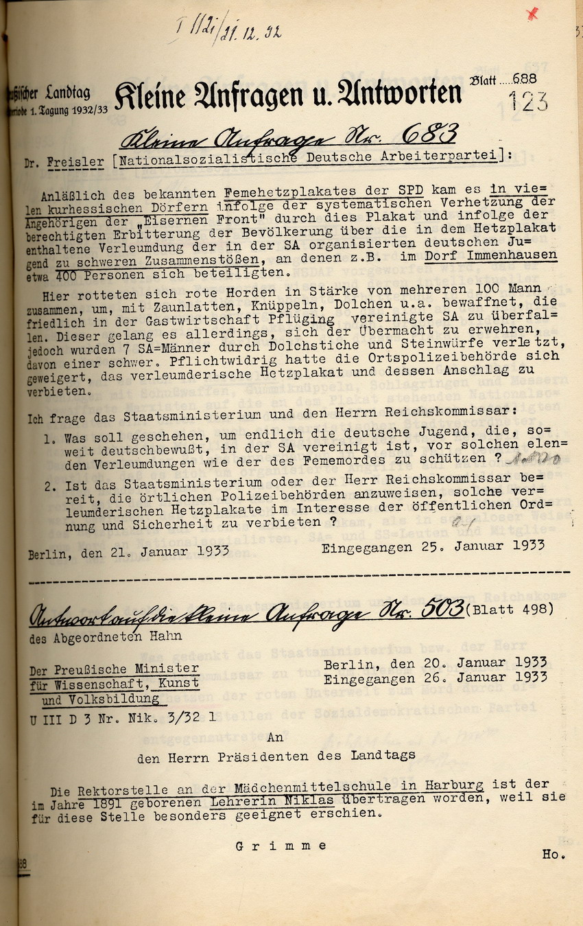 Anfrage 21. Januar Bild zum Dokument Freisler als Abgeordneter im Preußischen Landtag: Urantrag und