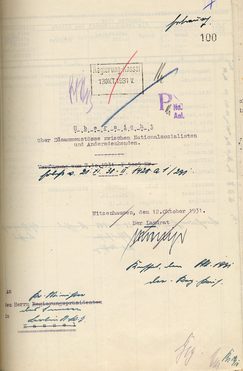 Anschreiben zur Übersicht Bild zum Dokument Übersicht des Landrates über Zusammenstöße zwischen Nationalso
