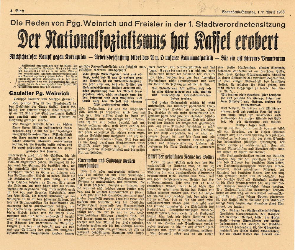 "Hessische Volkswacht" Bild zum Dokument Artikel der nationalsozialistischen Zeitung "Hessische Volkswa