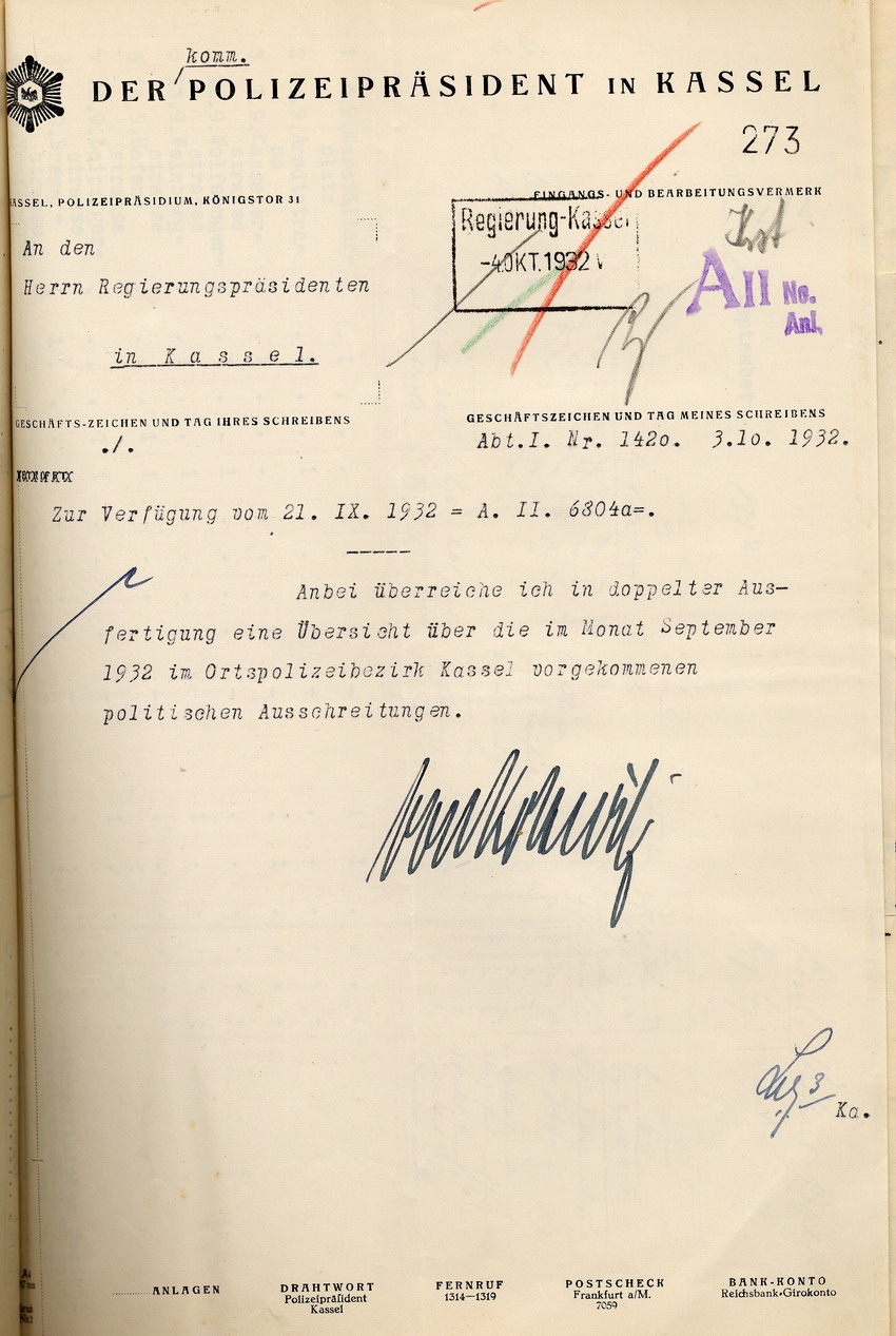 Anschreiben zur Übersicht Bild zum Dokument Übersicht des Polizeipräsidenten über die im Monat September 1