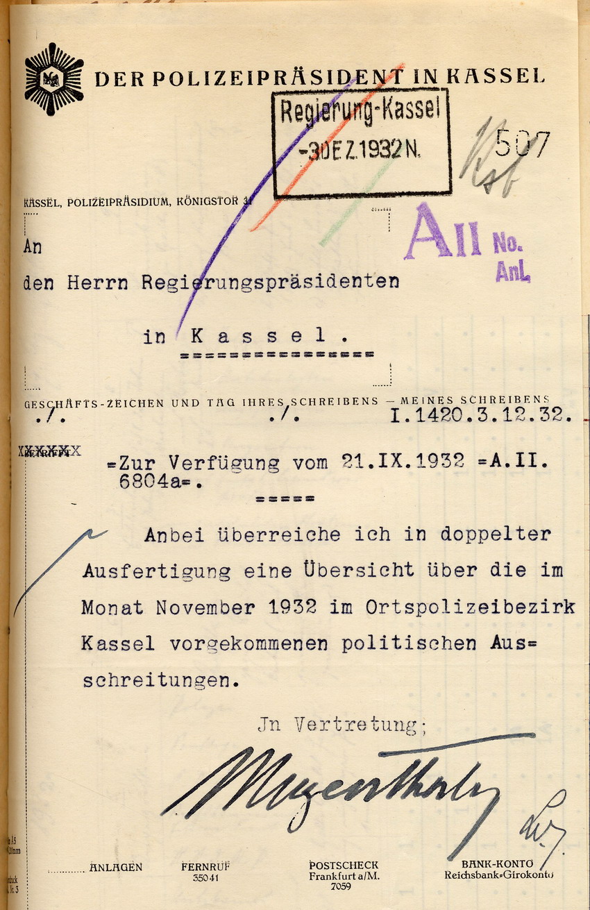 Anschreiben zur Übersicht Bild zum Dokument Übersicht des Polizeipräsidenten über die im Monat November 19