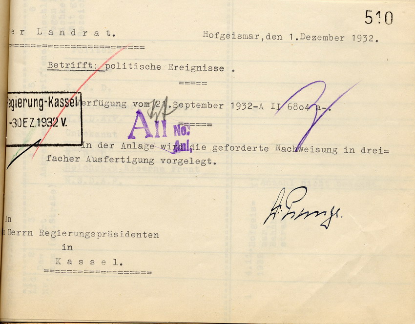 Anschreiben zur Übersicht Bild zum Dokument Übersicht des Landrates über die im Monat November 1932 im Ort