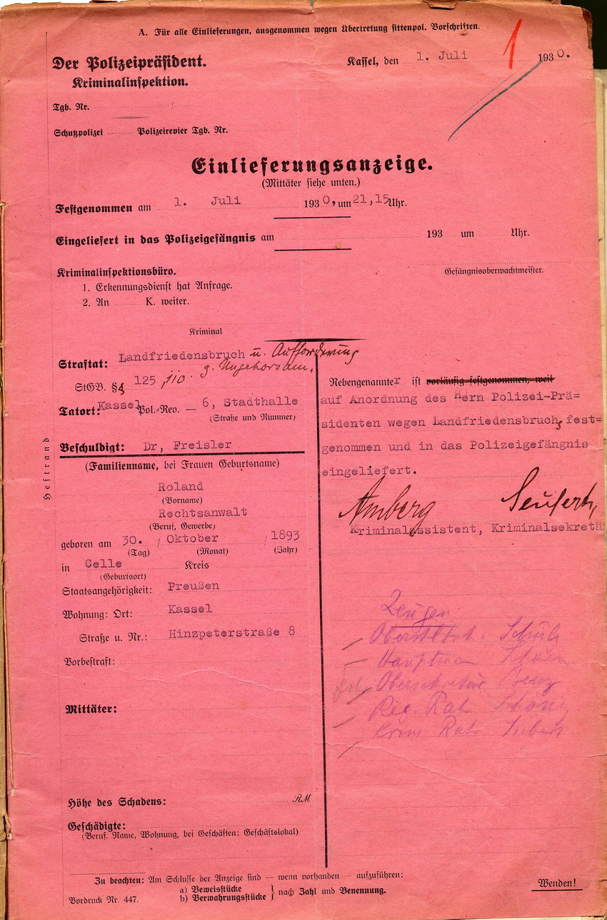 Einlieferungsformular Bild zum Dokument Einlieferungsformular des Polizeipräsidiums: Freisler ist wege