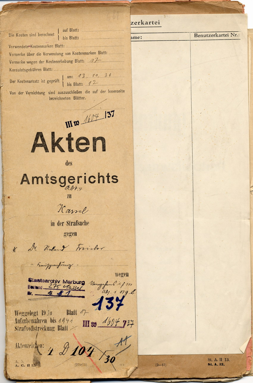 Aktendeckel Bild zum Dokument Einlieferungsformular des Polizeipräsidiums: Freisler ist wege
