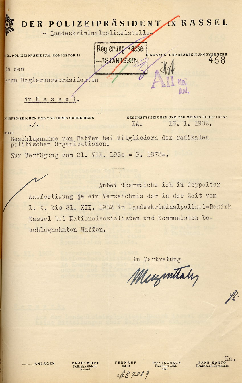 Anschreiben zu den Verzeichnissen Bild zum Dokument Zwei Verzeichnisse des Polizeipräsidenten über die wichtigsten