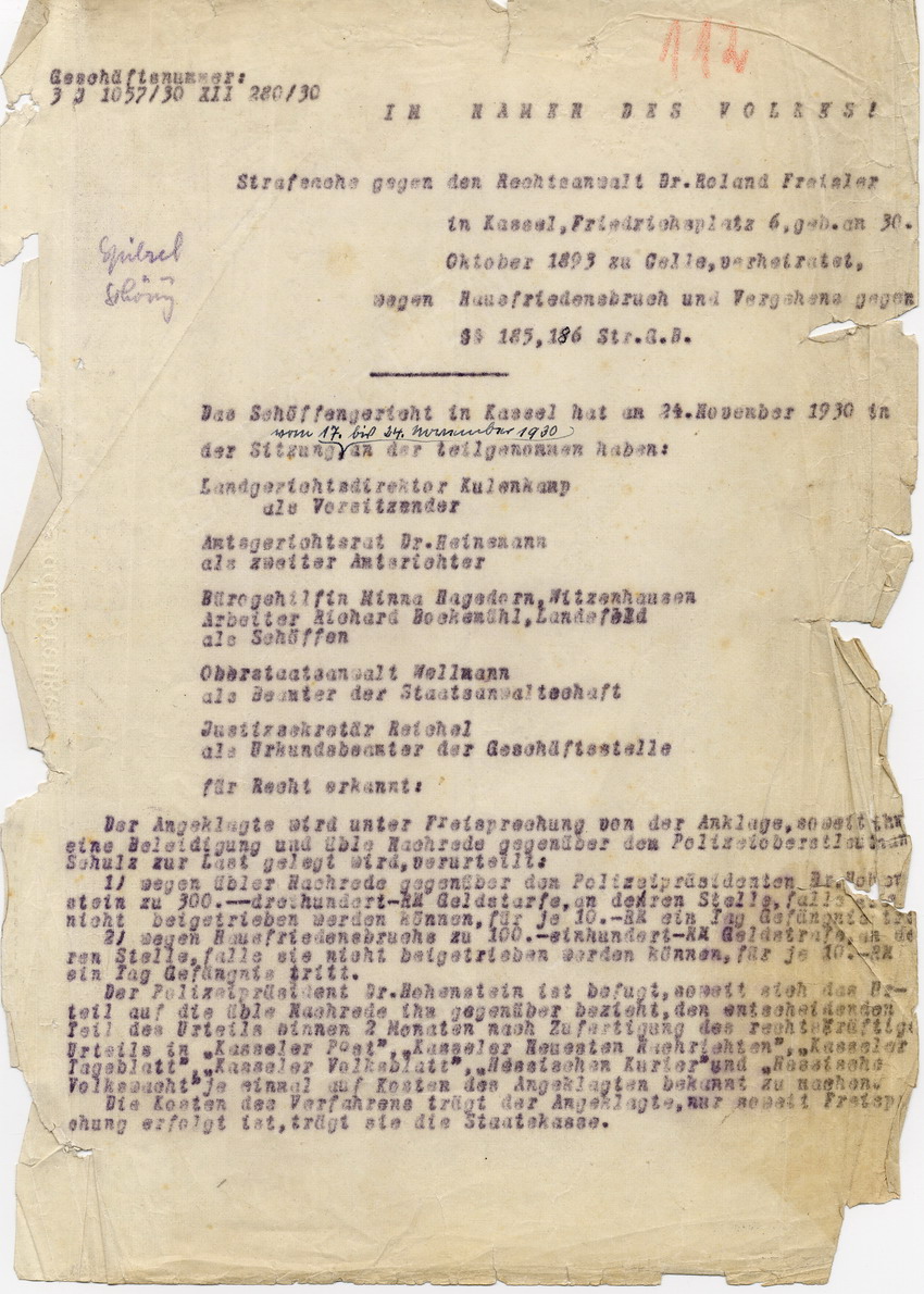 Urteil Bild zum Dokument Prozessakte: "Urteil des Schöffengerichts Kassel gegen den Rec