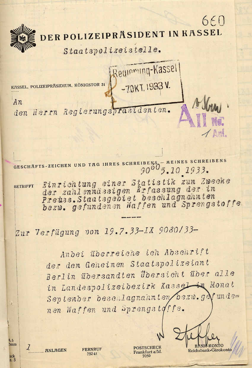Anschreiben Übersicht Bild zum Dokument Übersicht des Polizeipräsidenten über die beschlagnahmten bzw.