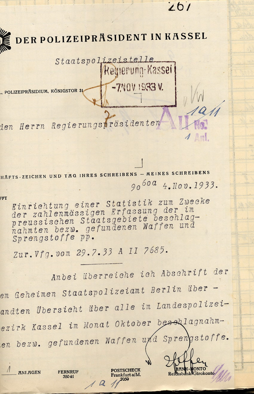 Anschreiben Übersicht Bild zum Dokument Übersicht des Polizeipräsidenten über die beschlagnahmten bzw.