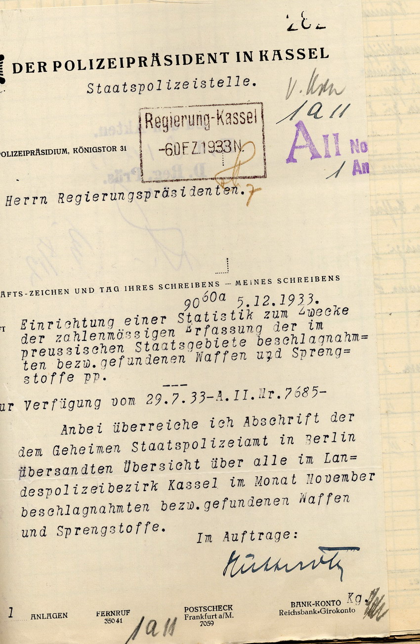Anschreiben Übersicht Bild zum Dokument Übersicht des Polizeipräsidenten über die beschlagnahmten bzw.