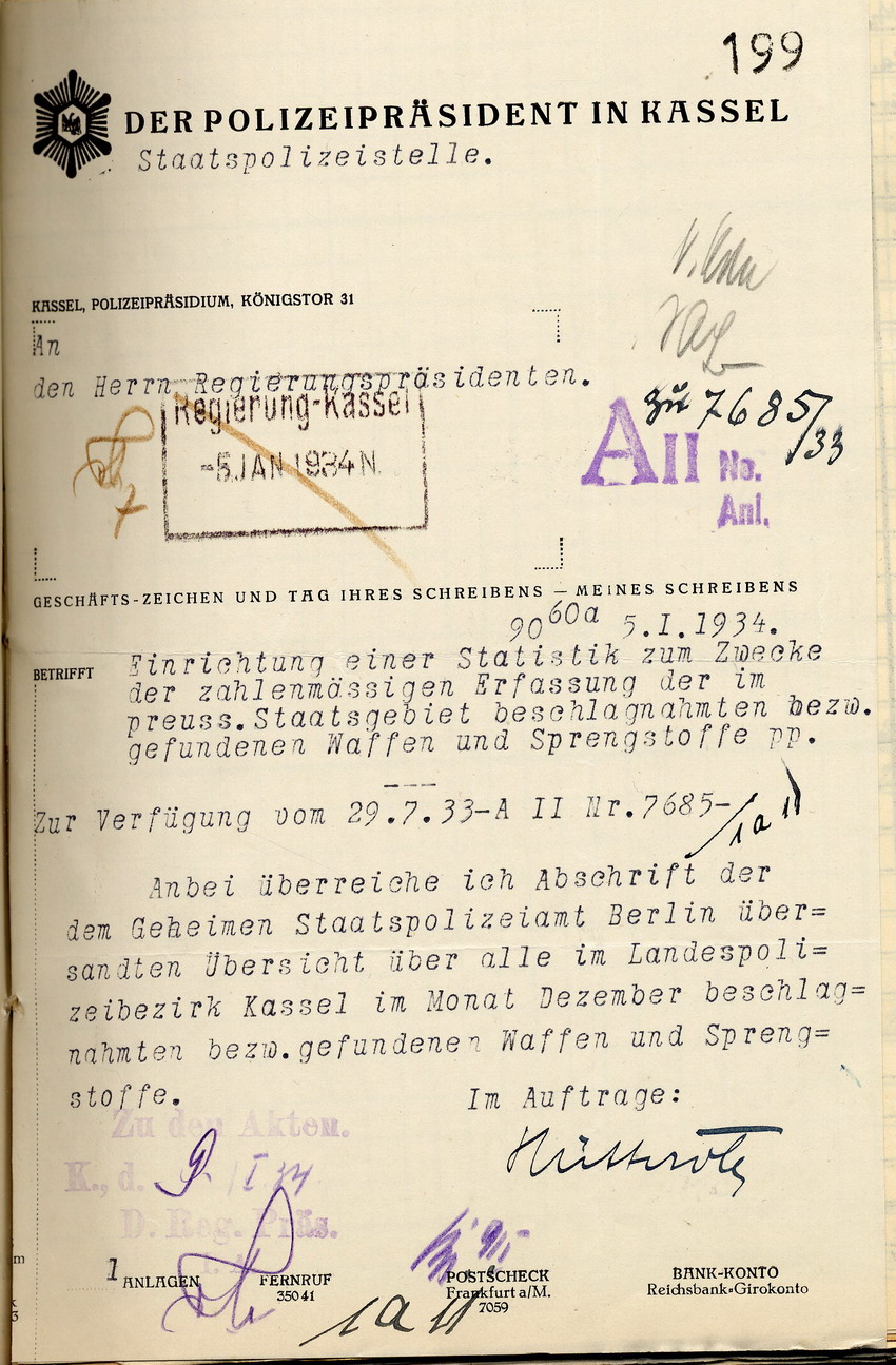 Anschreiben Übersicht Bild zum Dokument Übersicht des Polizeipräsidenten über die beschlagnahmten bzw.
