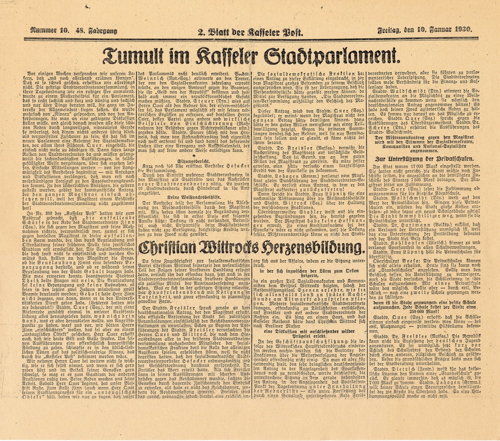 Bild zum Dokument Zeitungsartikel über die Kasseler Stadtverordnetenversammlung
