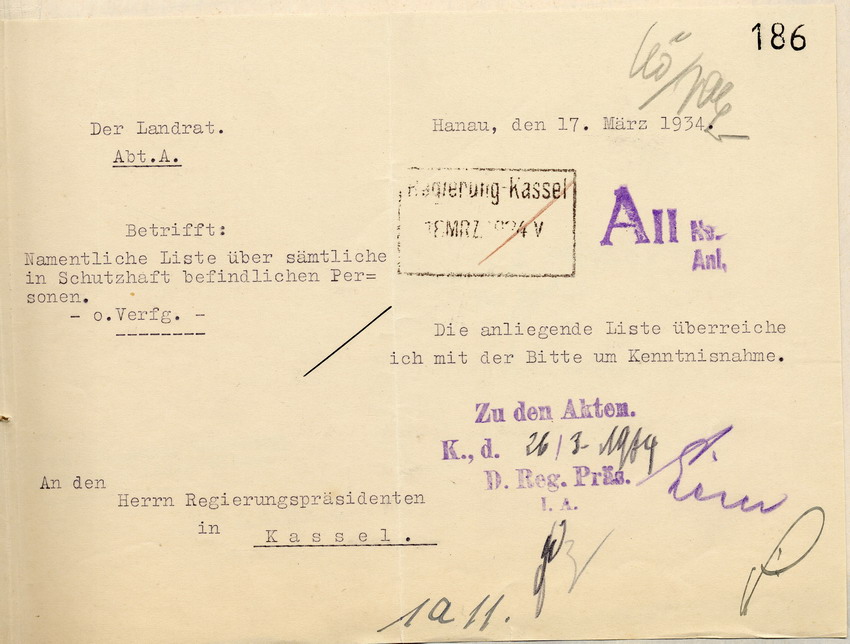 Anschreiben Liste Bild zum Dokument Namentliche Liste des Landrates über alle in Schutzhaft befind