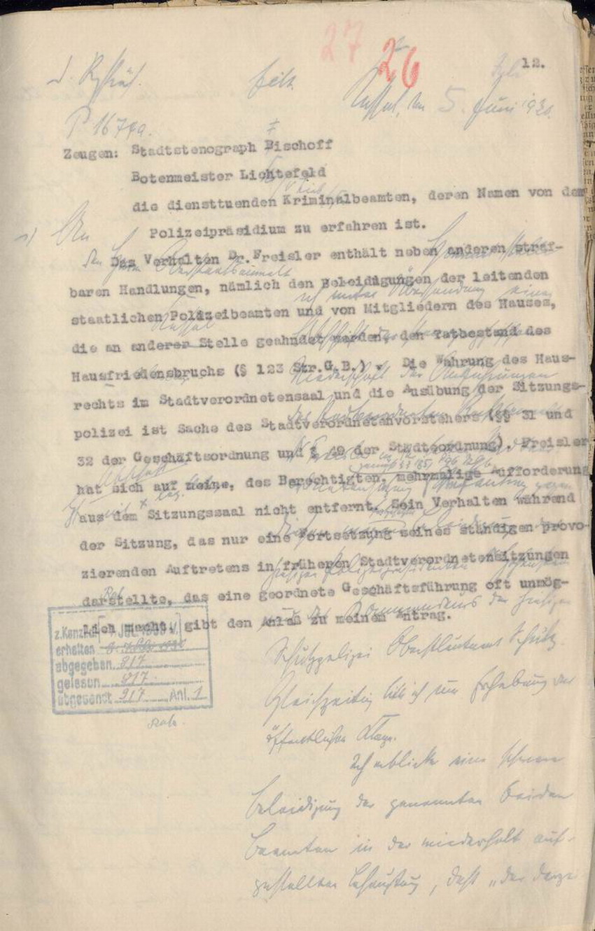 Bild zum Dokument Strafantrag des Stadtverordnetenvorstehers Hofacker gegen Frei