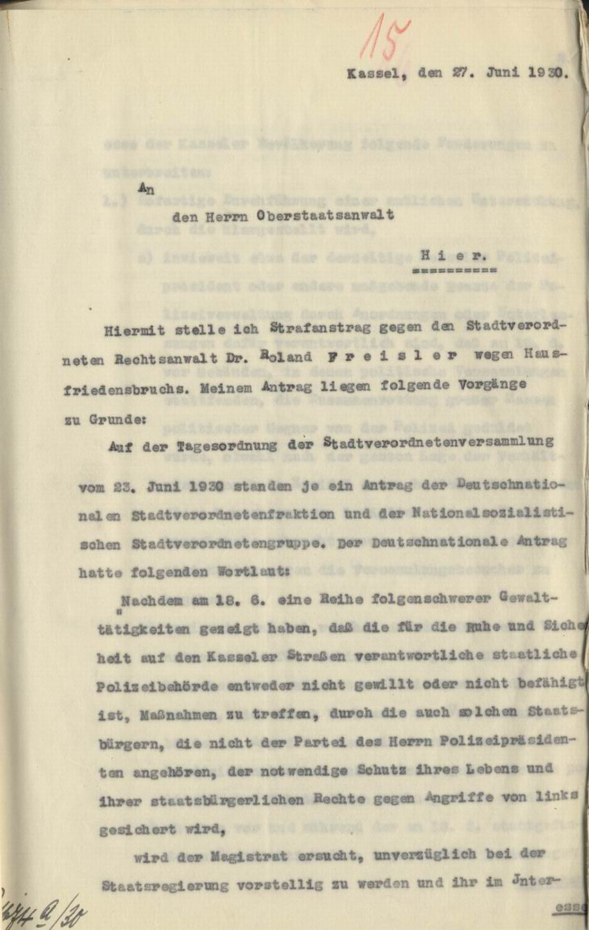 Bild zum Dokument Strafantrag des Stadtverordnetenvorstehers Hofacker gegen Frei