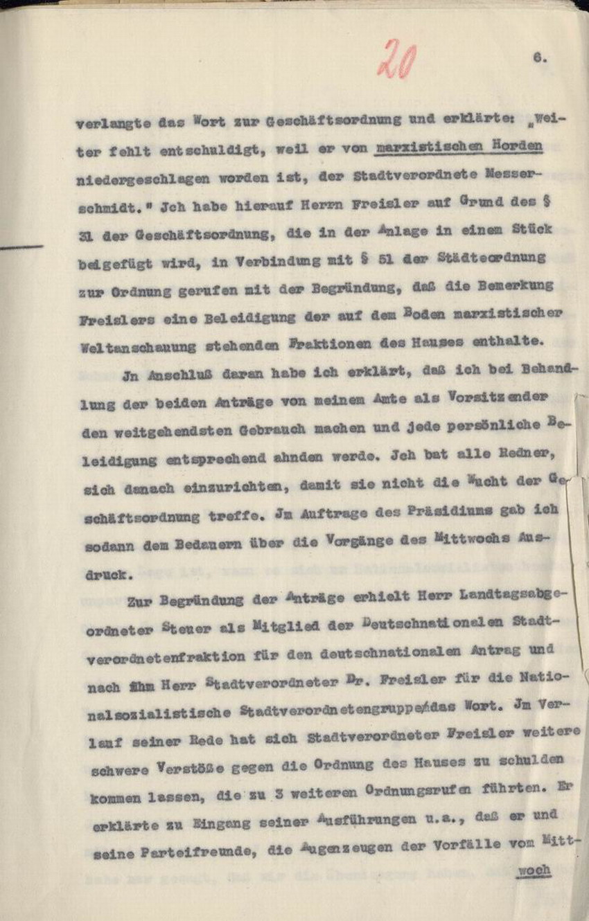 Bild zum Dokument Strafantrag des Stadtverordnetenvorstehers Hofacker gegen Frei