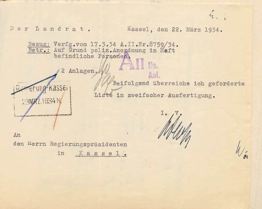 Anschreiben Nachweisung Häftlinge Bild zum Dokument Landrat: Nachweisung der am 13. März 1934 in Haft befindlich g