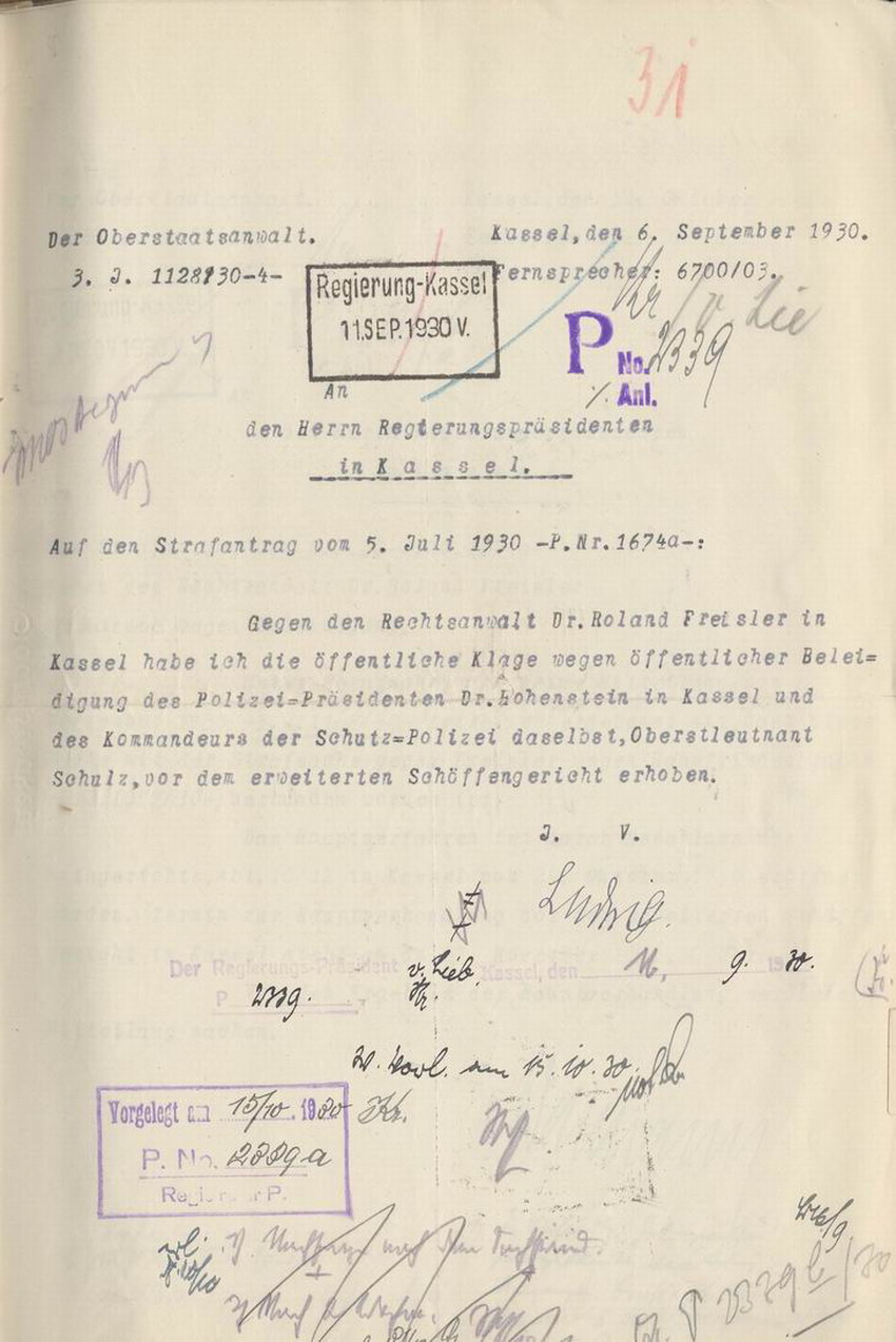 Bild zum Dokument Klageerhebung gegen Freisler im Beleidigungsprozess, Kassel, d