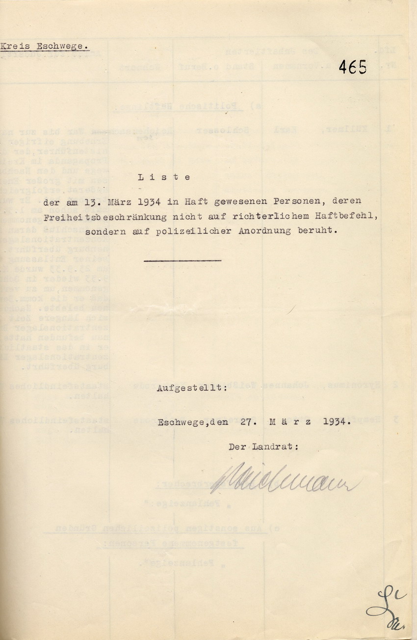 Deckblatt Nachweisung Häftlinge Bild zum Dokument Landrat: Nachweisung der am 13. März 1934 in Haft befindlich g