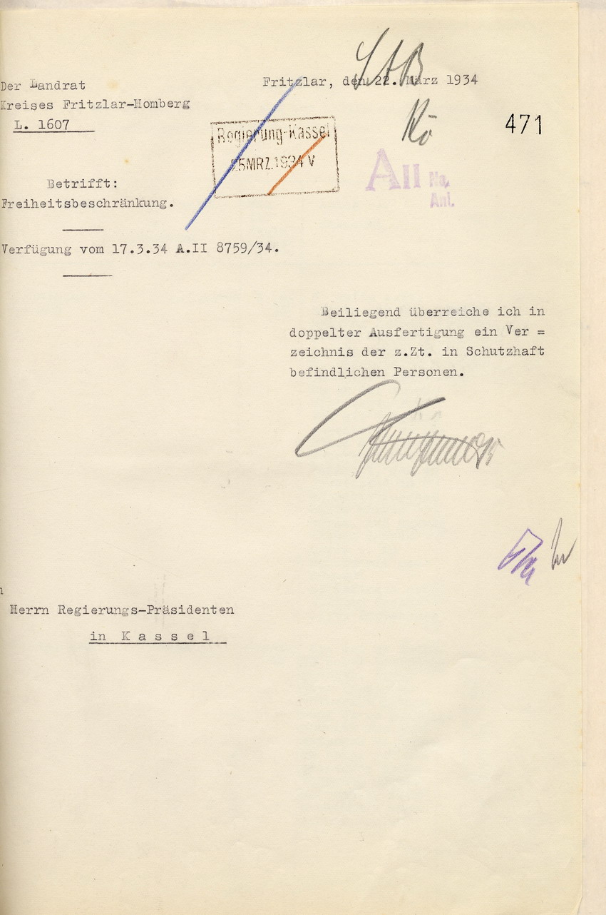 Deckblatt Nachweisung Häftlinge Bild zum Dokument Landrat: Nachweisung der am 13. März 1934 in Haft befindlich g