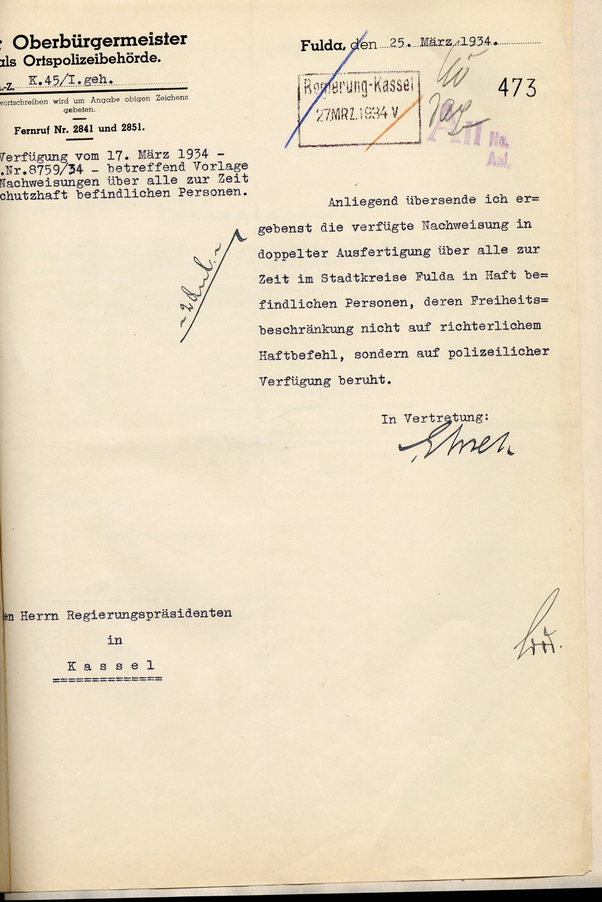 Anschreiben Nachweisung Häftlinge Bild zum Dokument Landrat: Nachweisung der am 13. März 1934 in Haft befindlich g