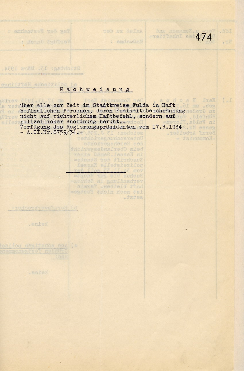 Deckblatt Nachweisung Häftlinge Bild zum Dokument Landrat: Nachweisung der am 13. März 1934 in Haft befindlich g