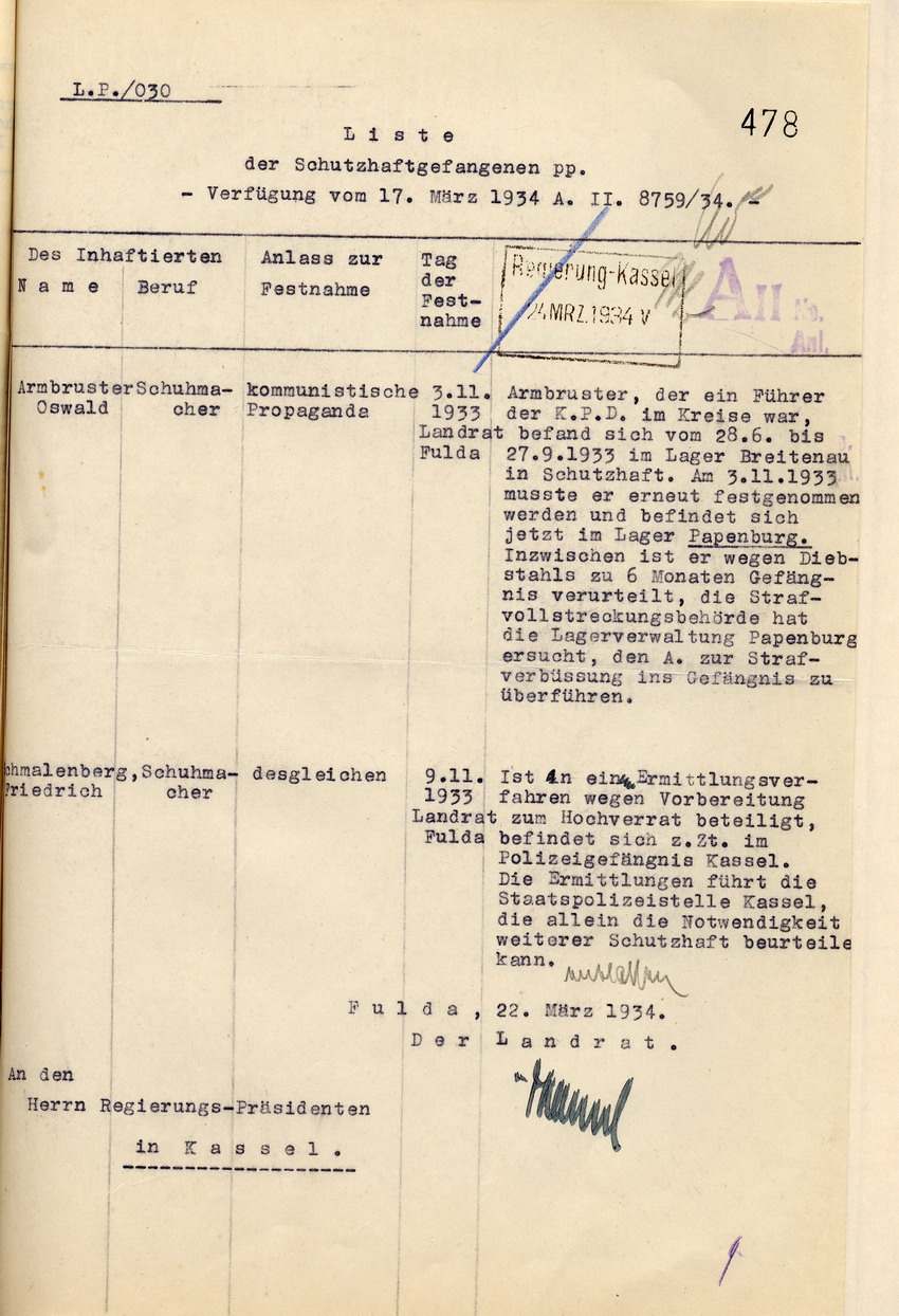 Nachweisung Häftlinge (2) Bild zum Dokument Landrat: Nachweisung der am 13. März 1934 in Haft befindlich g