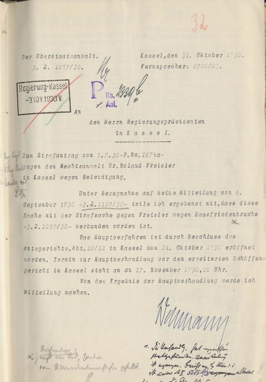 Bild zum Dokument Der Oberstaatsanwalt an den Regierungspräsidenten: Eröffnung d