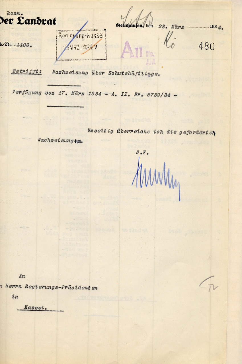 Deckblatt Nachweisung Häftlinge Bild zum Dokument Landrat: Nachweisung der am 13. März 1934 in Haft befindlich g