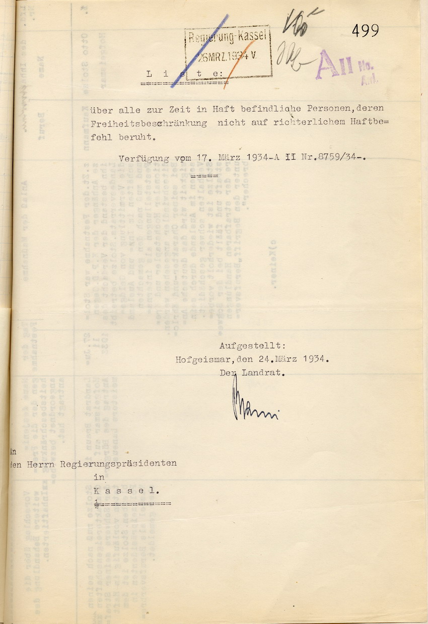 Dekcblatt Nachweisung Häftlinge Bild zum Dokument Landrat: Nachweisung der am 13. März 1934 in Haft befindlich g