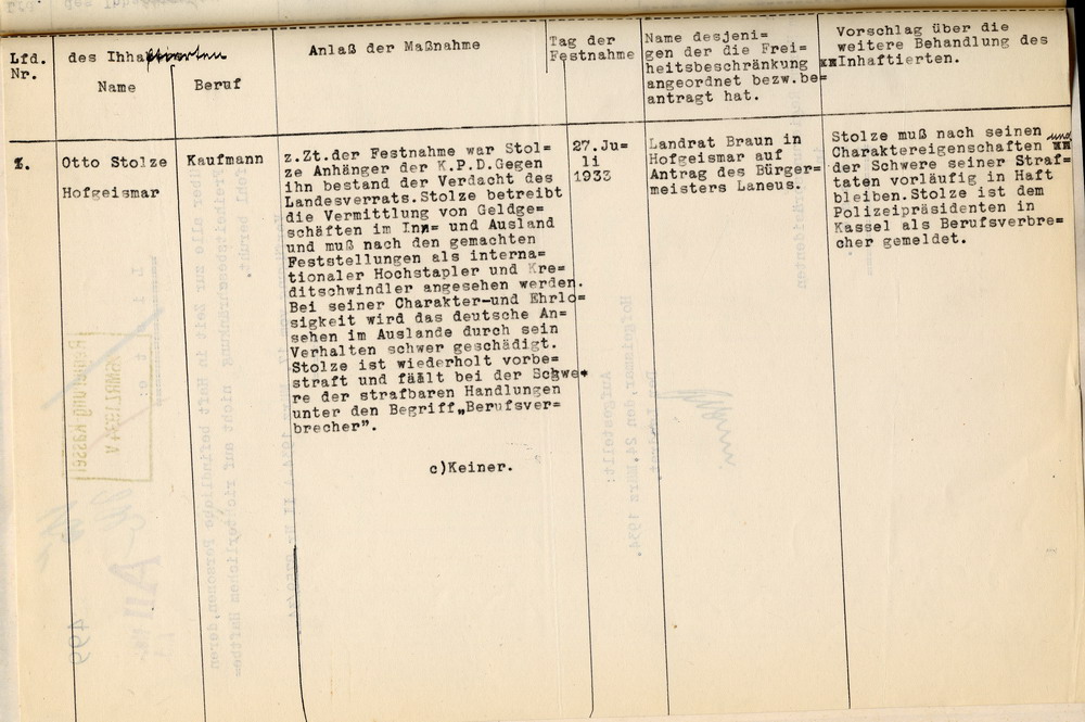 Nachweisung Häftlinge Bild zum Dokument Landrat: Nachweisung der am 13. März 1934 in Haft befindlich g