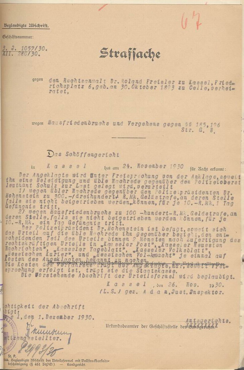 Bild zum Dokument Abschrift: Urteil des Schöffengerichts gegen Freisler wegen üb