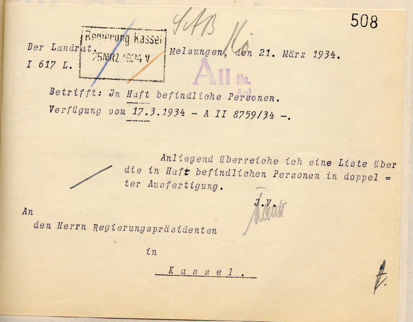 Anschreiben Nachweisung Häftlinge Bild zum Dokument Landrat: Nachweisung der am 13. März 1934 in Haft befindlich g