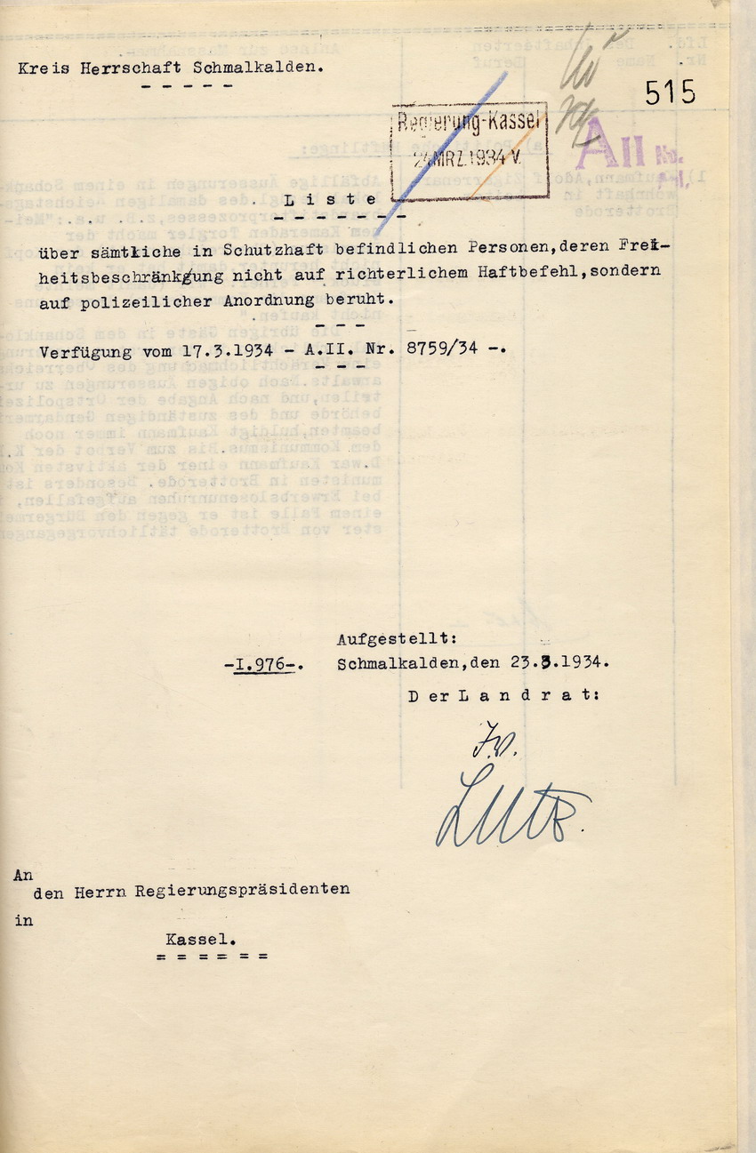Deckblatt Nachweisung Häftlinge Bild zum Dokument Landrat: Nachweisung der am 13. März 1934 in Haft befindlich g