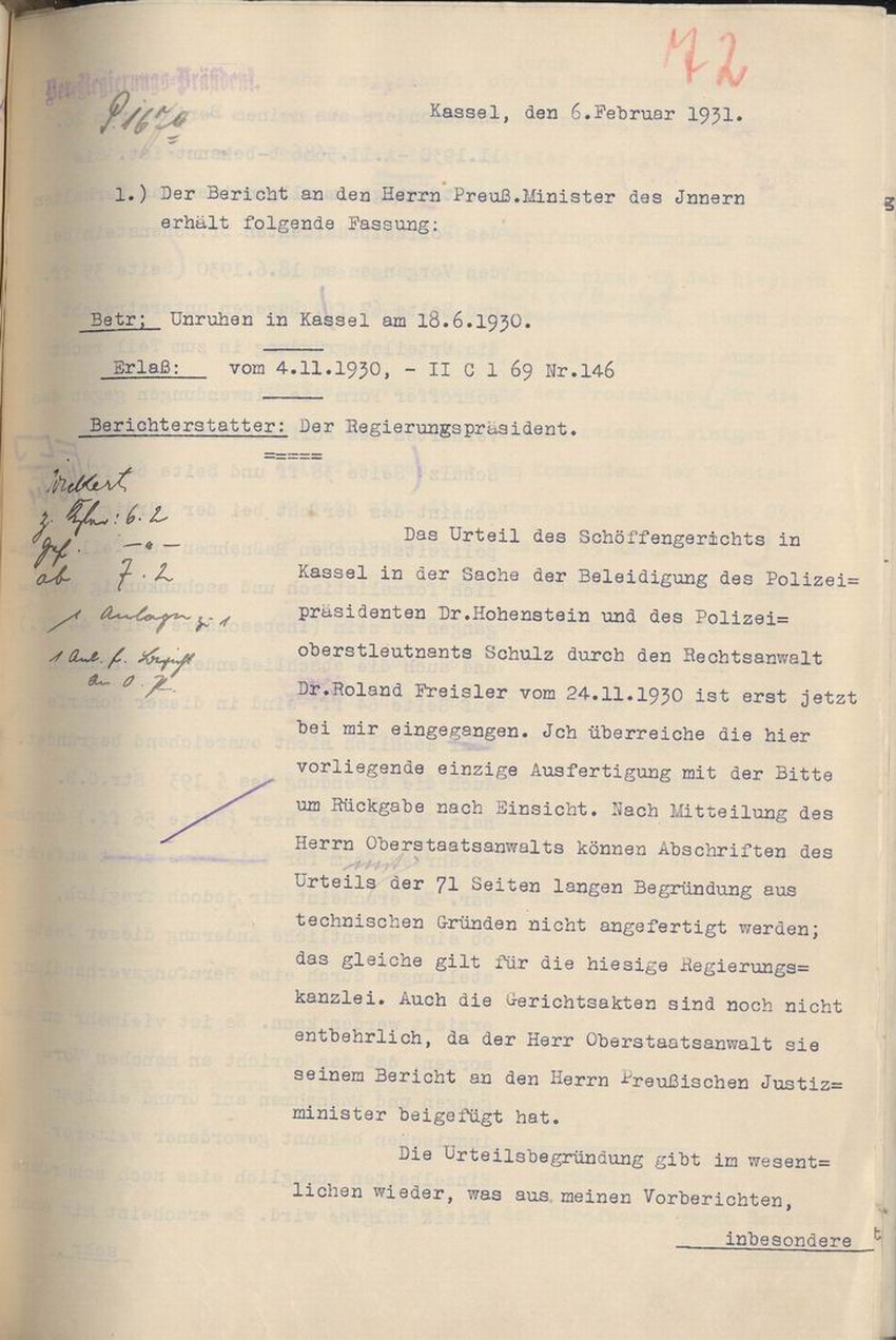Bild zum Dokument Bericht des Regierungspräsidenten an den Preußischen Minister