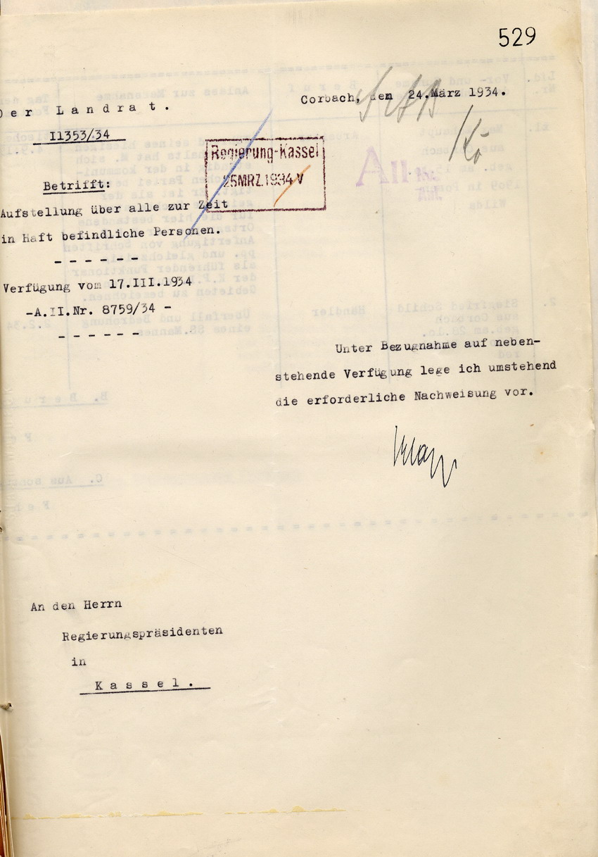Deckblatt Nachweisung Häftlinge Bild zum Dokument Landrat: Nachweisung der am 13. März 1934 in Haft befindlich g