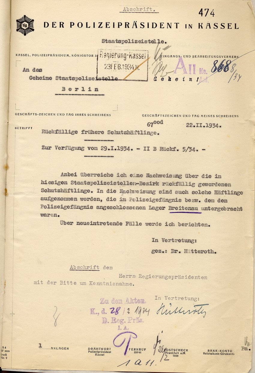 Anschreiben Nachweisung Schutzhäftlinge Bild zum Dokument Nachweisung des Polizeipräsidenten über die im Staatspolizeist