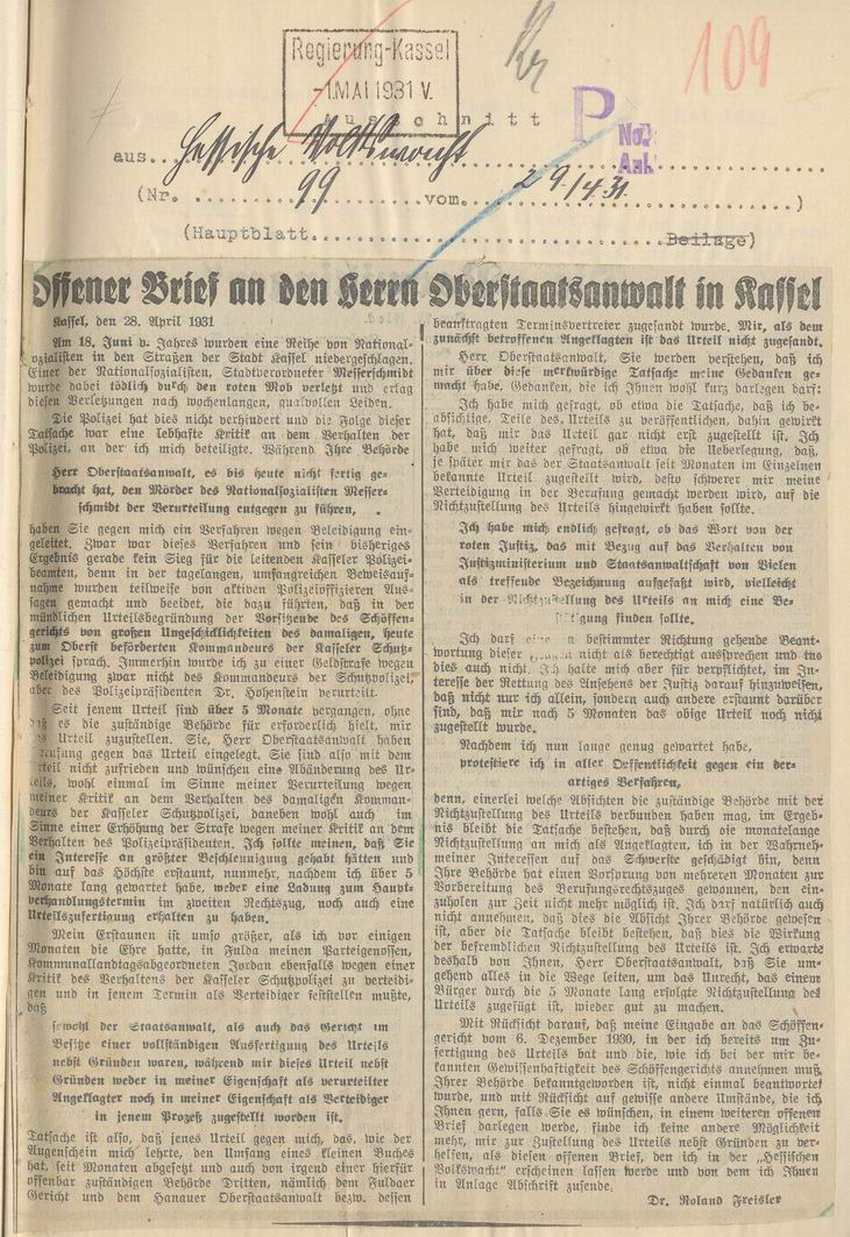 Bild zum Dokument Offener Brief Freislers an den Oberstaatsanwalt in der "Hessis