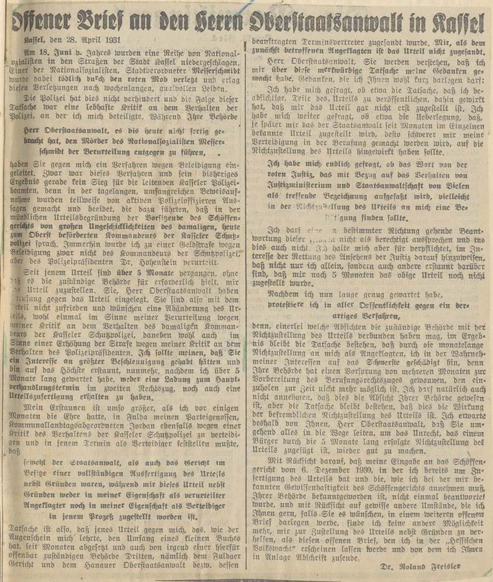 Bild zum Dokument Offener Brief Freislers an den Oberstaatsanwalt in der "Hessis