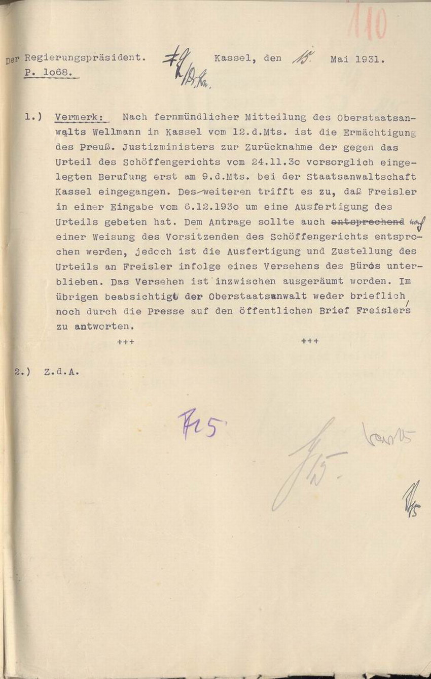 Bild zum Dokument Vermerk des Regierungspräsidenten: Rücknahme der Berufung gege