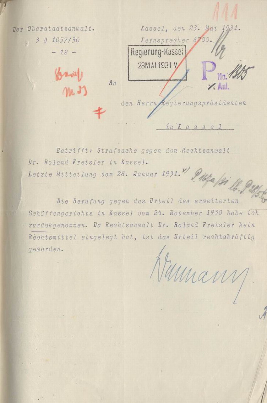 Bild zum Dokument Schreiben des Oberstaatsanwalts Wellmann an den Regierungspräs