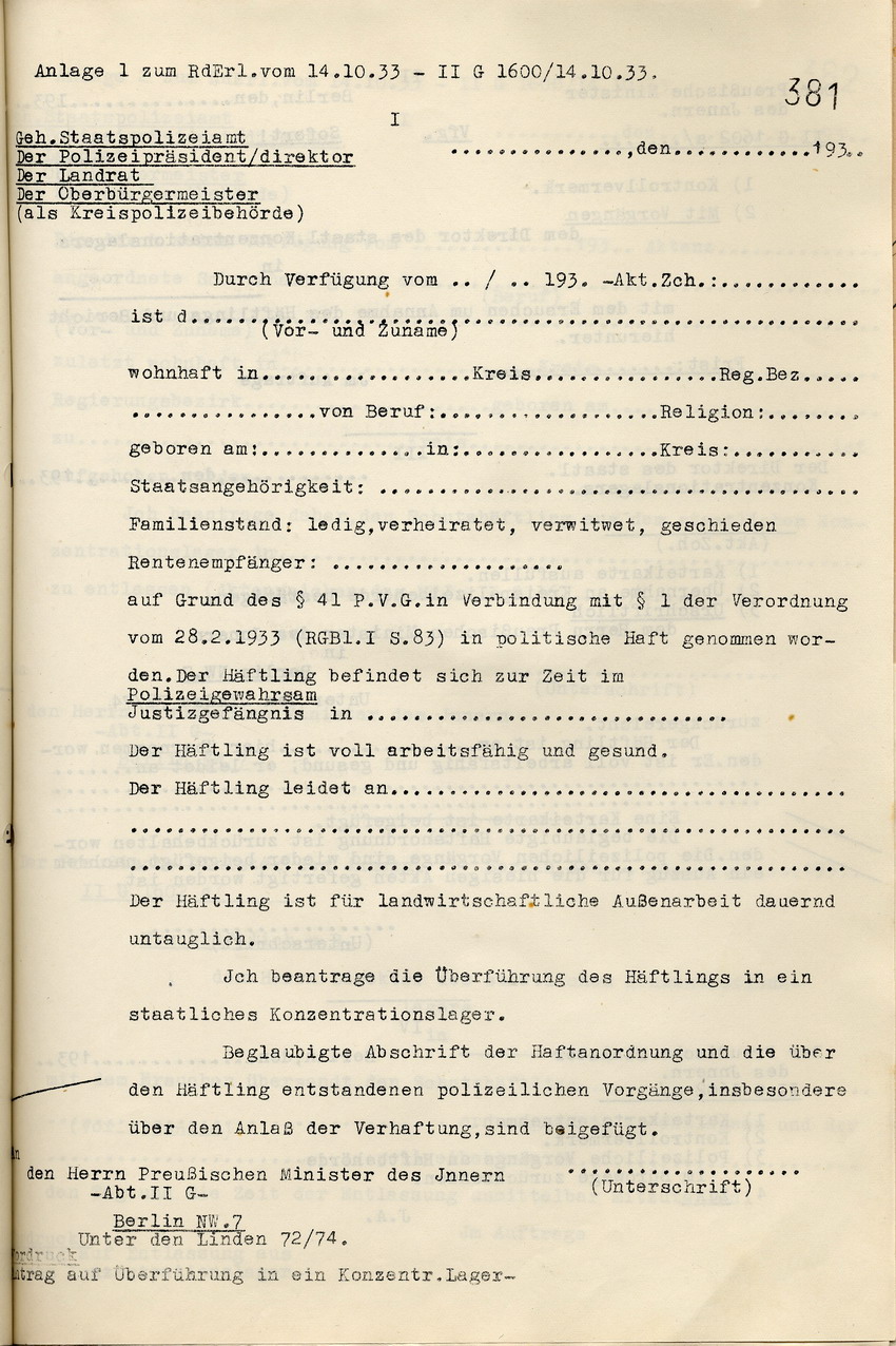 Überführungsantrag (1) Bild zum Dokument Erste Anlage zu den Bestimmungen des Innenministers zur Vollst